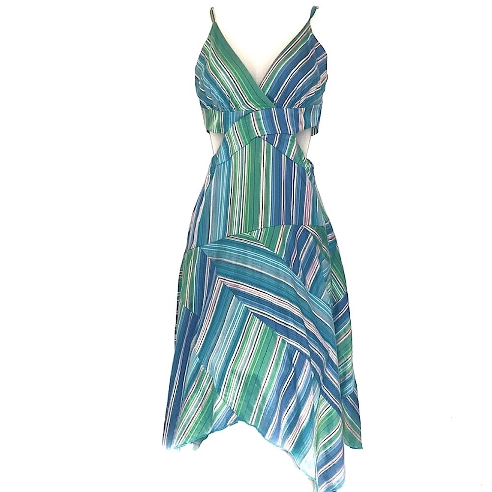 Y2K Bebe Stripe Cut Out Handkerchief Hi Lo Asymmetrical Midi Dress Green Blue S